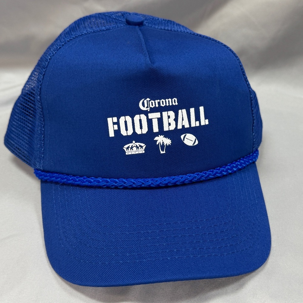 Corona Football Ball Cap Trucker Hat, Adjustable Thin Strap, Blue, NWOT